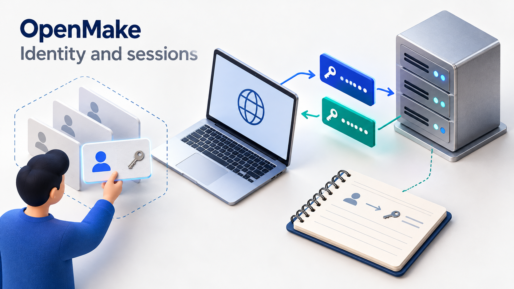 Account selection, session exchange with a server, and a separate audit record