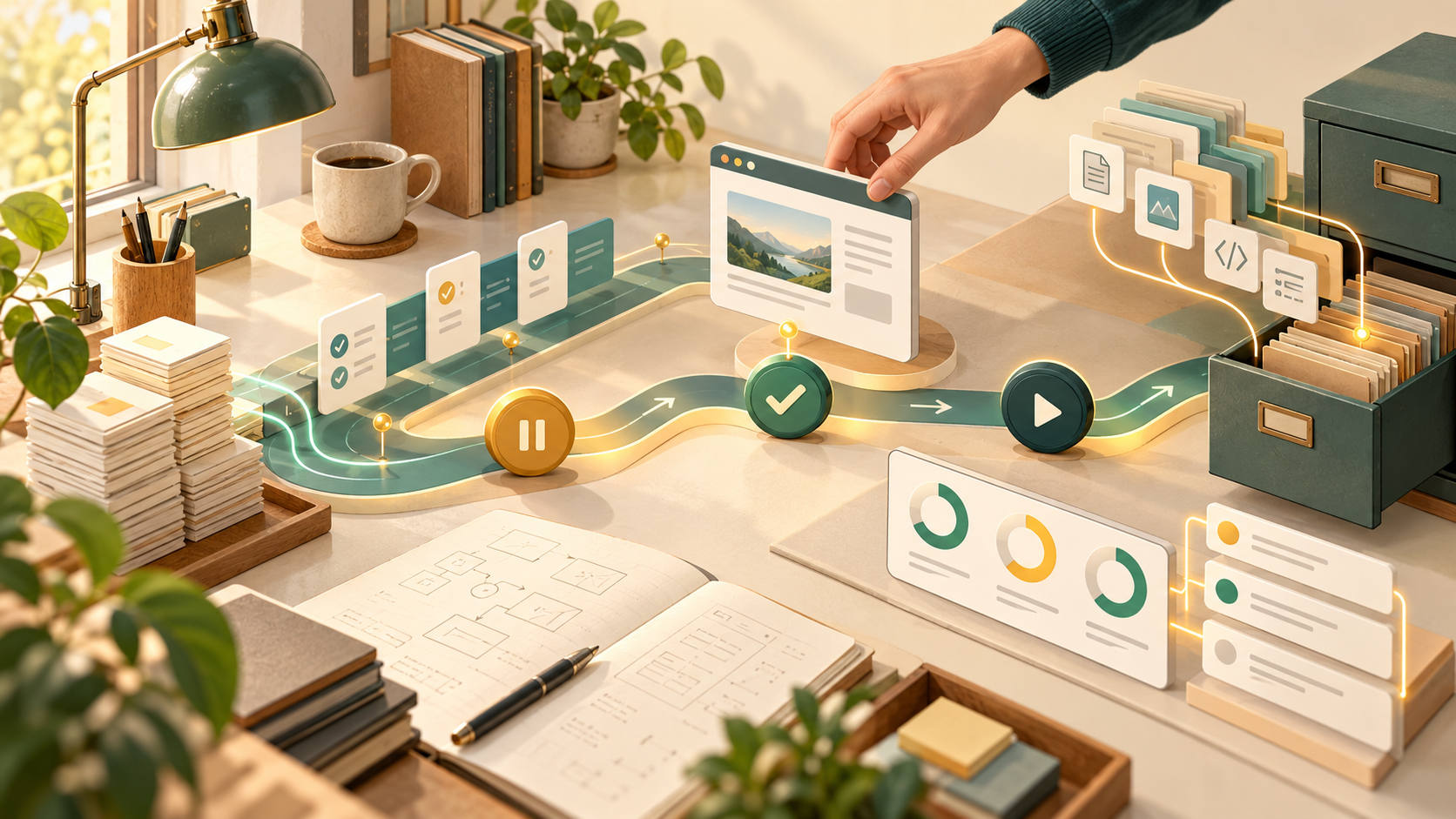 W40 illustration of resuming approval-paused tasks, browser handoff, and a queued chat flow